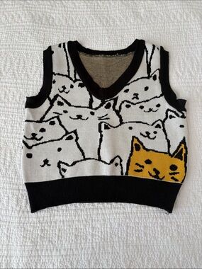 Cat Pattern Knit Sweater Vest in White, Black & Mustard